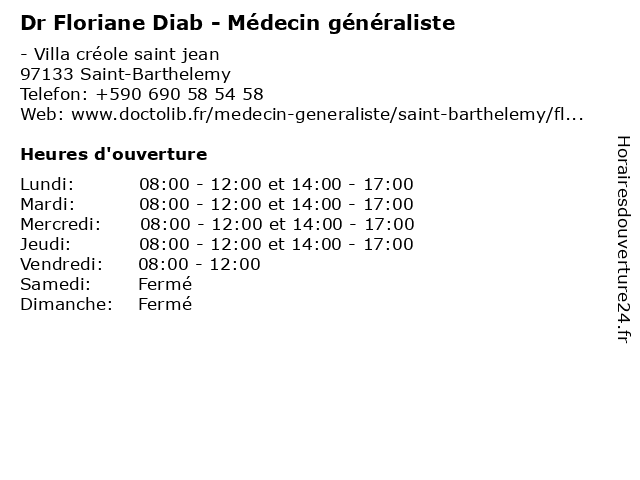 Dr Floriane Diab - Médecin généraliste à Saint-Barthelemy: adresse et heures d'ouverture