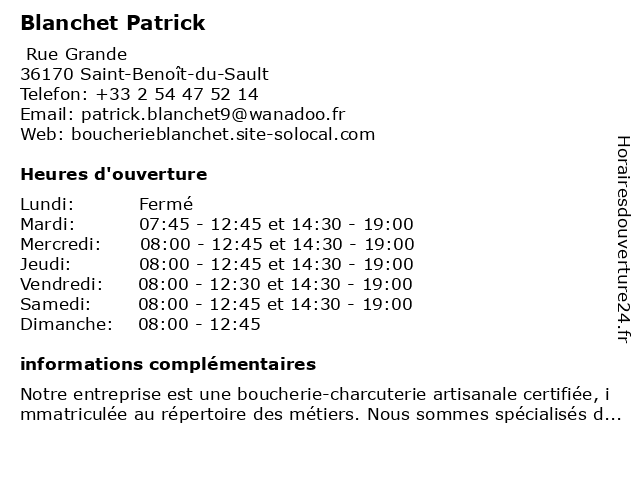Blanchet Patrick à Saint-Benoît-du-Sault: adresse et heures d'ouverture