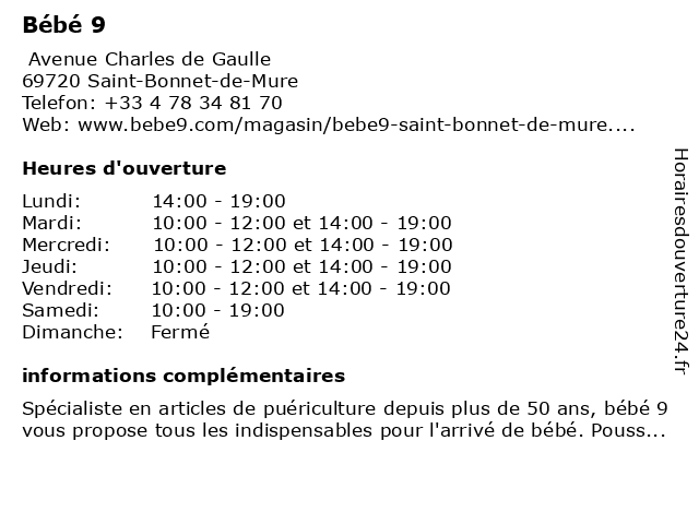 ᐅ Horaires D Ouverture Bebe9 Avenue Charles De Gaulle A Saint Bonnet De Mure