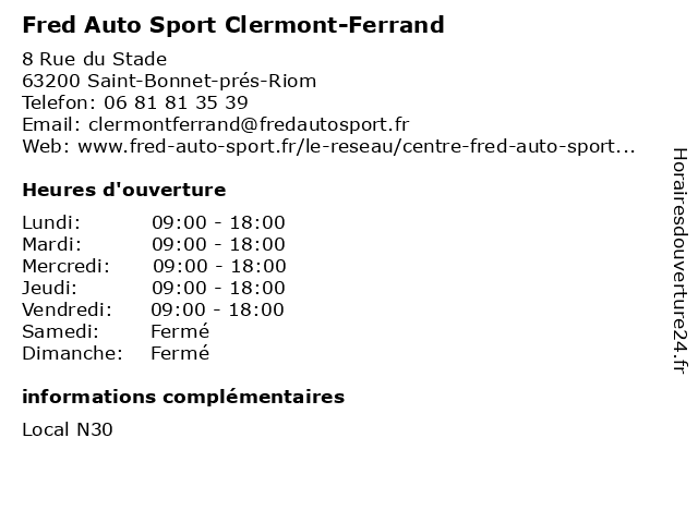 Fred Auto Sport Clermont-Ferrand à Saint-Bonnet-prés-Riom: adresse et heures d'ouverture