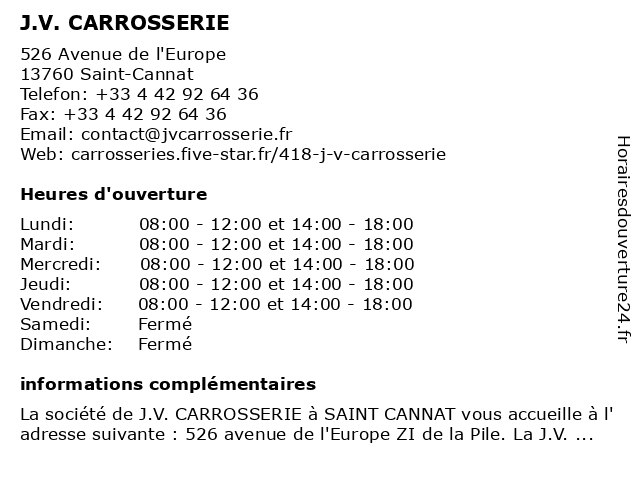 J.V. CARROSSERIE à Saint-Cannat: adresse et heures d'ouverture
