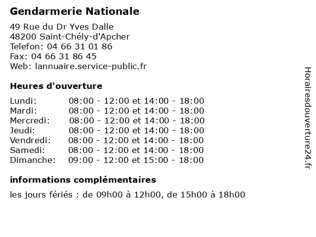 Gendarmerie Nationale à Saint-Chély-d'Apcher: adresse et heures d'ouverture