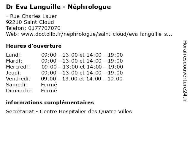 Dr Eva Languille - Néphrologue à Saint-Cloud: adresse et heures d'ouverture
