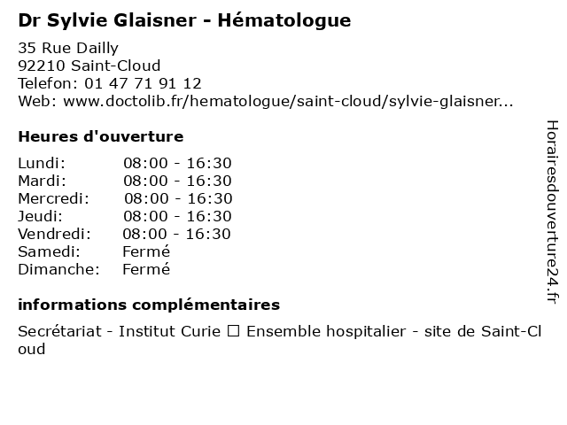 Dr Sylvie Glaisner - Hématologue à Saint-Cloud: adresse et heures d'ouverture