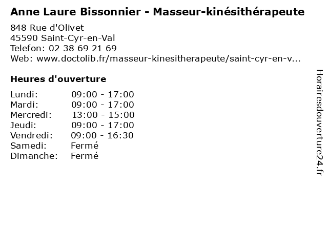 Anne Laure Bissonnier - Masseur-kinésithérapeute à Saint-Cyr-en-Val: adresse et heures d'ouverture