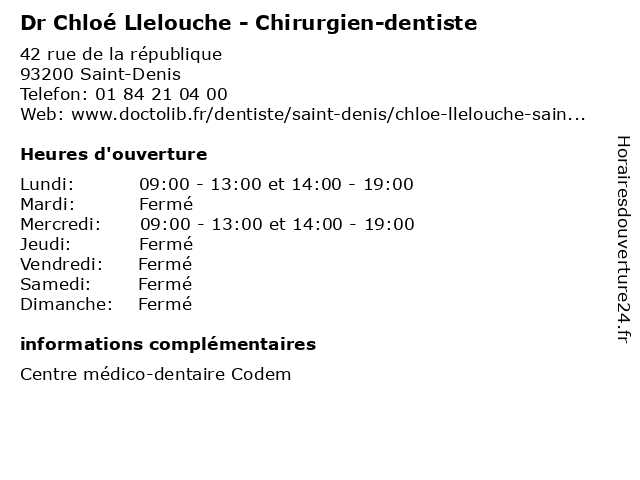 Dr Chloé Llelouche - Chirurgien-dentiste à Saint-Denis: adresse et heures d'ouverture