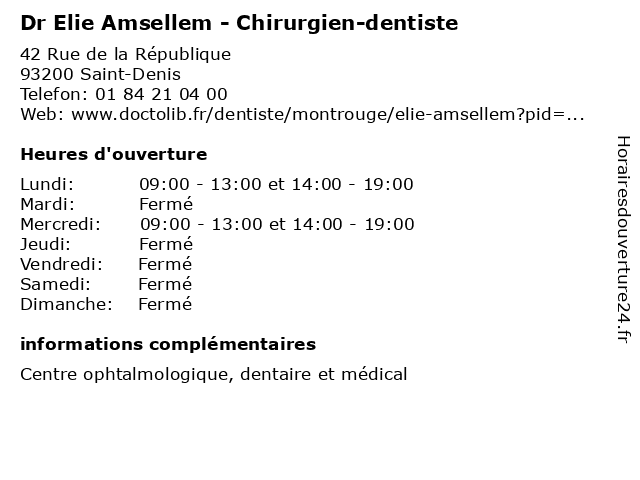 Dr Elie Amsellem - Chirurgien-dentiste à Saint-Denis: adresse et heures d'ouverture