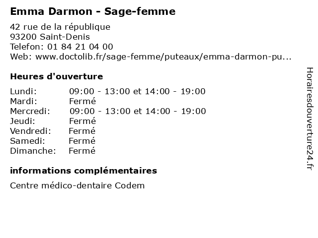 Emma Darmon - Sage-femme à Saint-Denis: adresse et heures d'ouverture