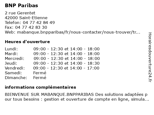BNP Paribas à Saint-Etienne: adresse et heures d'ouverture