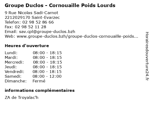 Groupe Duclos - Cornouaille Poids Lourds à Saint-Evarzec: adresse et heures d'ouverture