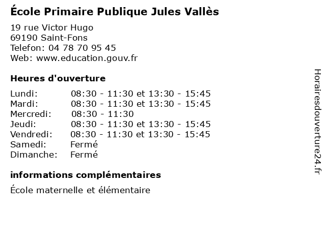 École Primaire Publique Jules Vallès à Saint-Fons: adresse et heures d'ouverture