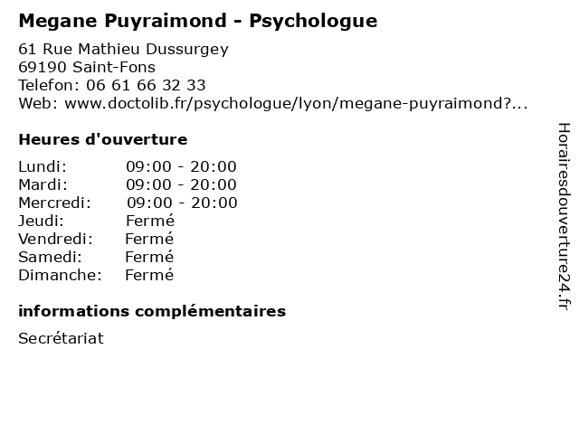 Megane Puyraimond - Psychologue à Saint-Fons: adresse et heures d'ouverture