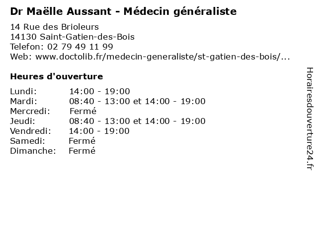 Dr Maëlle Aussant - Médecin généraliste à Saint-Gatien-des-Bois: adresse et heures d'ouverture
