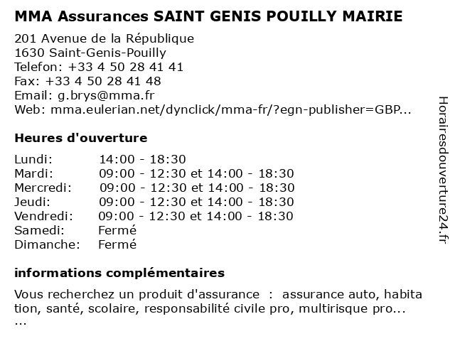 MMA Assurances SAINT GENIS POUILLY MAIRIE à Saint-Genis-Pouilly: adresse et heures d'ouverture