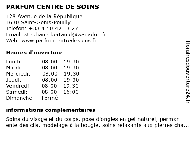 Parfum Centre de Soins Stéphanie à Saint-Genis-Pouilly: adresse et heures d'ouverture