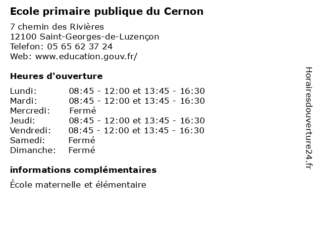 Ecole primaire publique du Cernon à Saint-Georges-de-Luzençon: adresse et heures d'ouverture