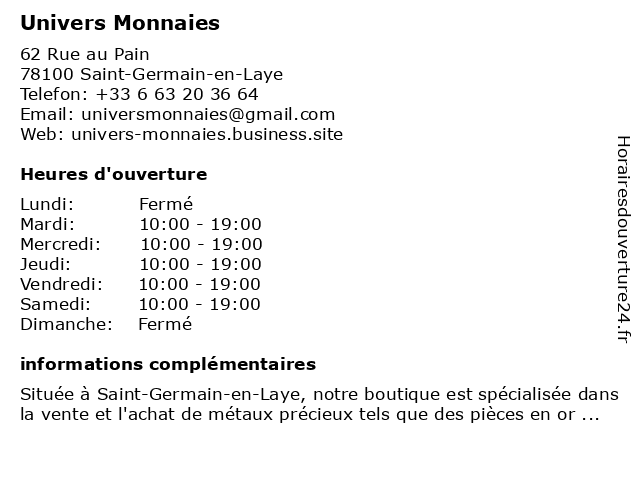 Univers Monnaies à Saint-Germain-en-Laye: adresse et heures d'ouverture