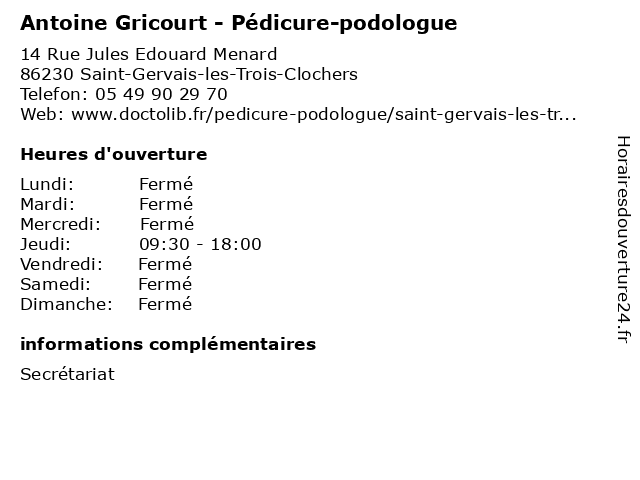 Antoine Gricourt - Pédicure-podologue à Saint-Gervais-les-Trois-Clochers: adresse et heures d'ouverture