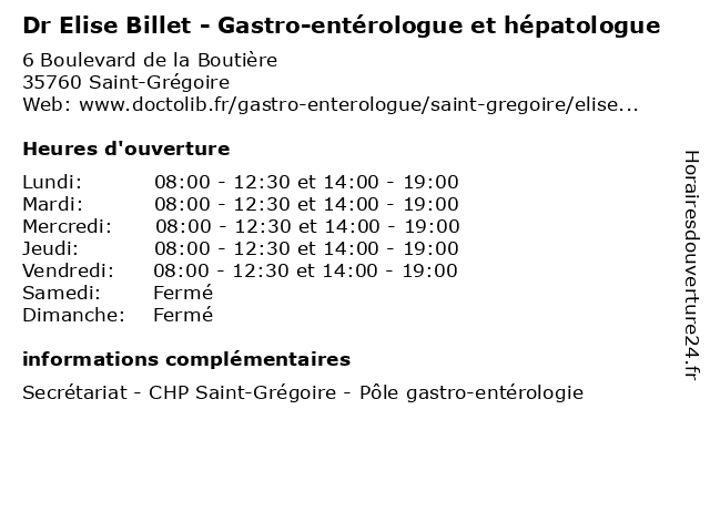 Dr Elise Billet - Gastro-entérologue et hépatologue à Saint-Grégoire: adresse et heures d'ouverture