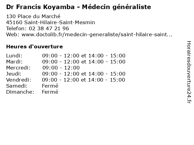 Dr Francis Koyamba - Médecin généraliste à Saint-Hilaire-Saint-Mesmin: adresse et heures d'ouverture