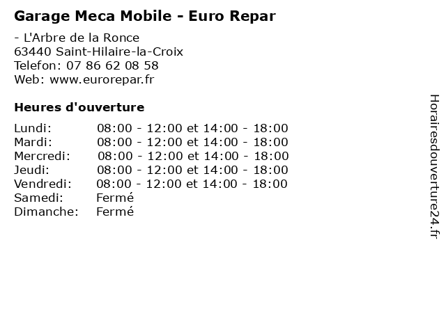 Garage Meca Mobile - Euro Repar à Saint-Hilaire-la-Croix: adresse et heures d'ouverture