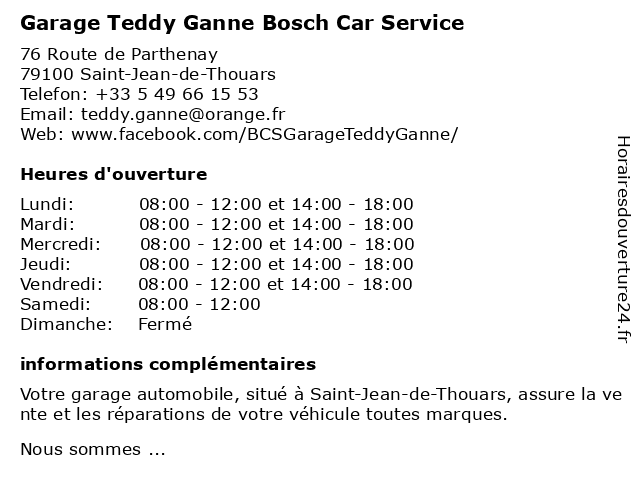 Garage Teddy Ganne Bosch Car Service à Saint-Jean-de-Thouars: adresse et heures d'ouverture