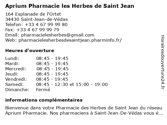 Aprium Pharmacie les Herbes de Saint Jean à Saint-Jean-de-Védas: adresse et heures d'ouverture