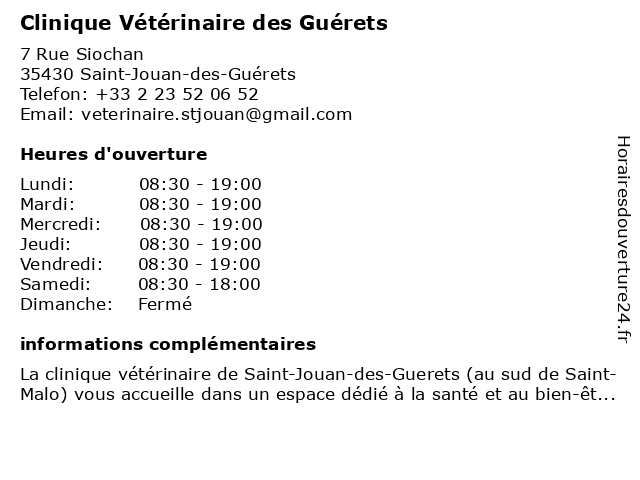 Clinique Vétérinaire des Guérets à Saint-Jouan-des-Guérets: adresse et heures d'ouverture