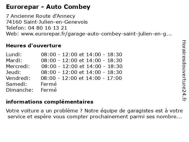 Eurorepar - Auto Combey à Saint-Julien-en-Genevois: adresse et heures d'ouverture