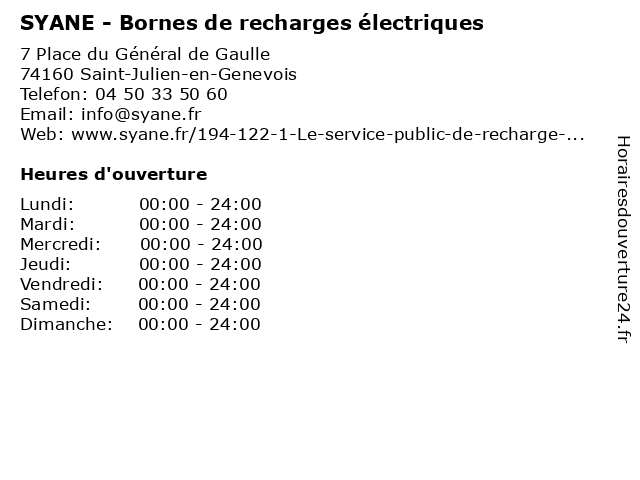 SYANE - Bornes de recharges électriques à Saint-Julien-en-Genevois: adresse et heures d'ouverture