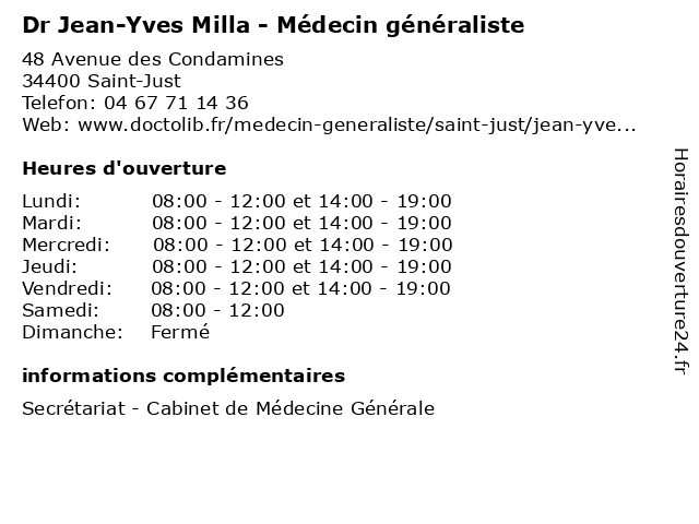 Dr Jean-Yves Milla - Médecin généraliste à Saint-Just: adresse et heures d'ouverture
