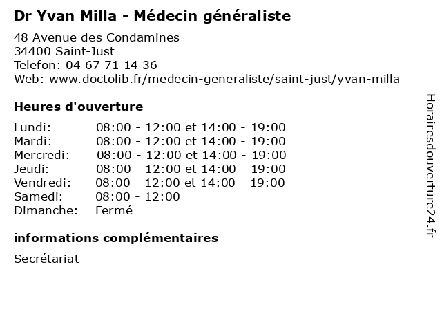 Dr Yvan Milla - Médecin généraliste à Saint-Just: adresse et heures d'ouverture