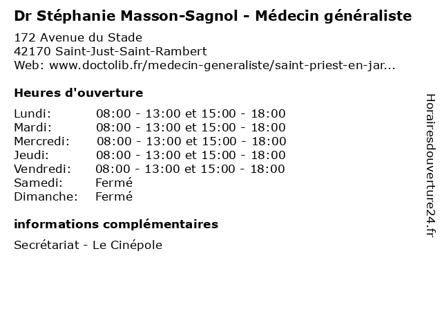 Dr Stéphanie Masson-Sagnol - Médecin généraliste à Saint-Just-Saint-Rambert: adresse et heures d'ouverture