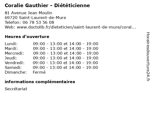 Coralie Gauthier - Diététicienne à Saint-Laurent-de-Mure: adresse et heures d'ouverture