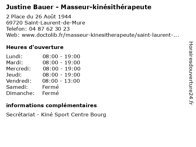 Justine Bauer - Masseur-kinésithérapeute à Saint-Laurent-de-Mure: adresse et heures d'ouverture