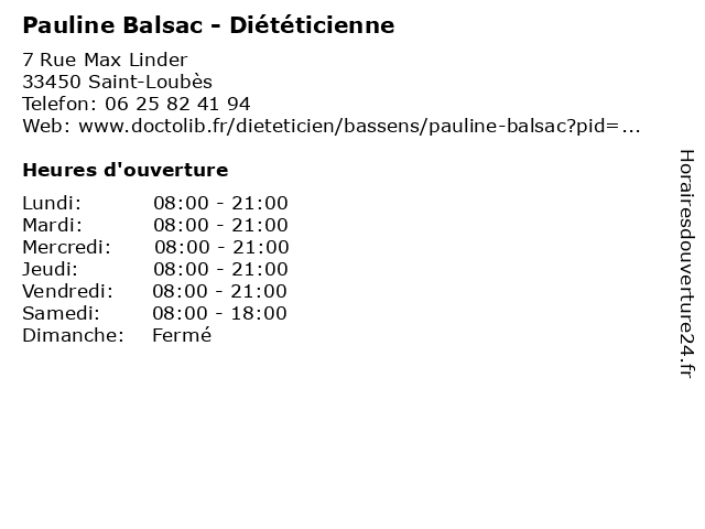 Pauline Balsac - Diététicienne à Saint-Loubès: adresse et heures d'ouverture