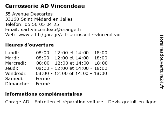 Carrosserie AD Vincendeau à Saint-Médard-en-Jalles: adresse et heures d'ouverture