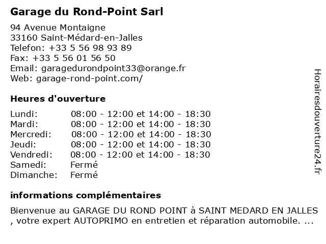 Garage du Rond-Point Sarl à Saint-Médard-en-Jalles: adresse et heures d'ouverture
