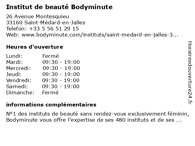 Institut de beauté Bodyminute à Saint-Médard-en-Jalles: adresse et heures d'ouverture