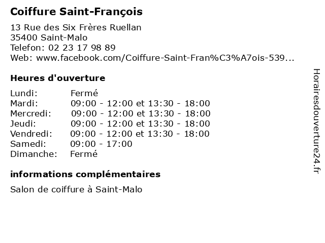Coiffure Saint-François à Saint-Malo: adresse et heures d'ouverture