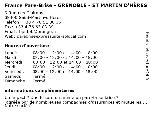 France Pare-Brise - GRENOBLE - ST MARTIN D'HÈRES à Saint-Martin-d'Hères: adresse et heures d'ouverture