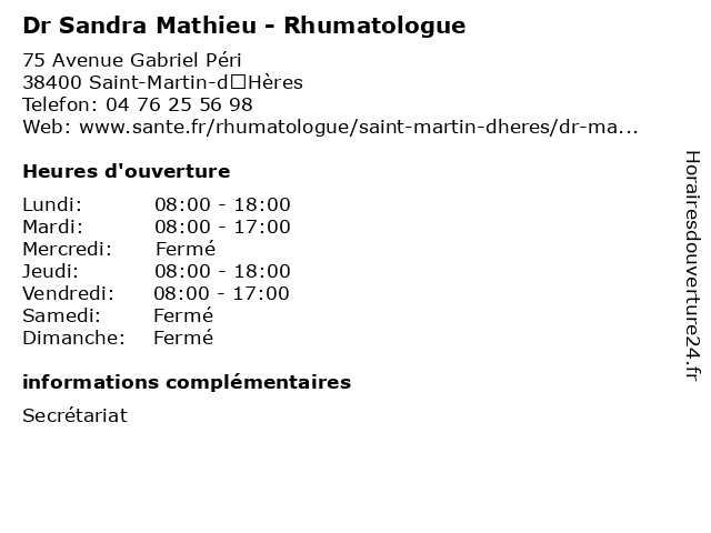 Dr Sandra Mathieu - Rhumatologue à Saint-Martin-d’Hères: adresse et heures d'ouverture