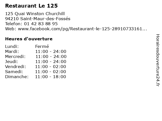 Restaurant Le 125 à Saint-Maur-des-Fossés: adresse et heures d'ouverture