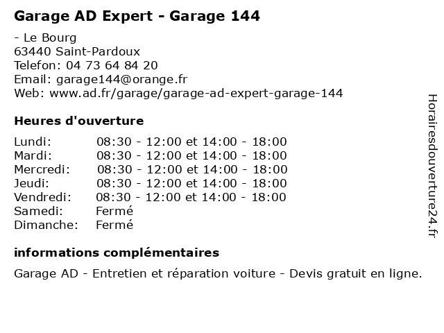 Garage AD Expert - Garage 144 à Saint-Pardoux: adresse et heures d'ouverture