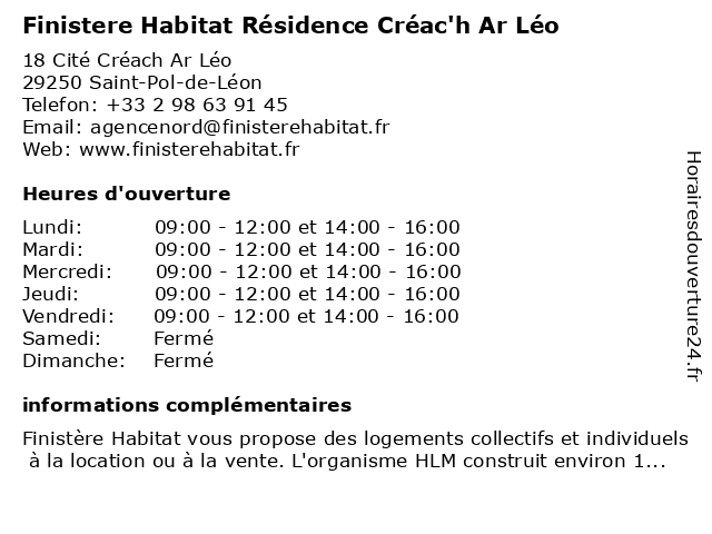 Finistere Habitat Résidence Créac'h Ar Léo à Saint-Pol-de-Léon: adresse et heures d'ouverture