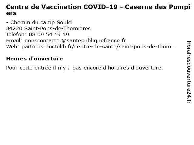 Centre de Vaccination COVID-19 - Caserne des Pompiers à Saint-Pons-de-Thomières: adresse et heures d'ouverture