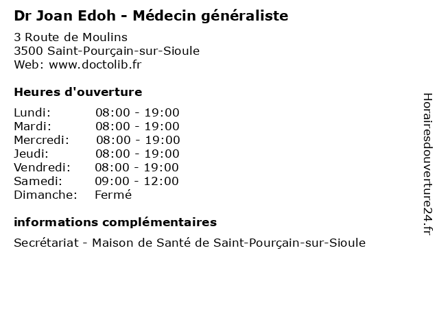 Dr Joan Edoh - Médecin généraliste à Saint-Pourçain-sur-Sioule: adresse et heures d'ouverture