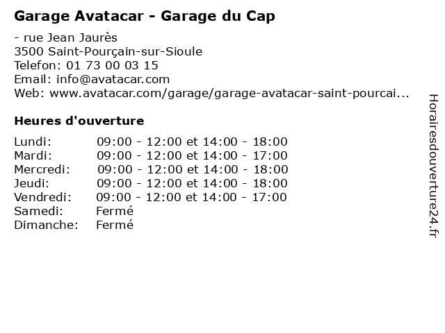 Garage Avatacar - Garage du Cap à Saint-Pourçain-sur-Sioule: adresse et heures d'ouverture