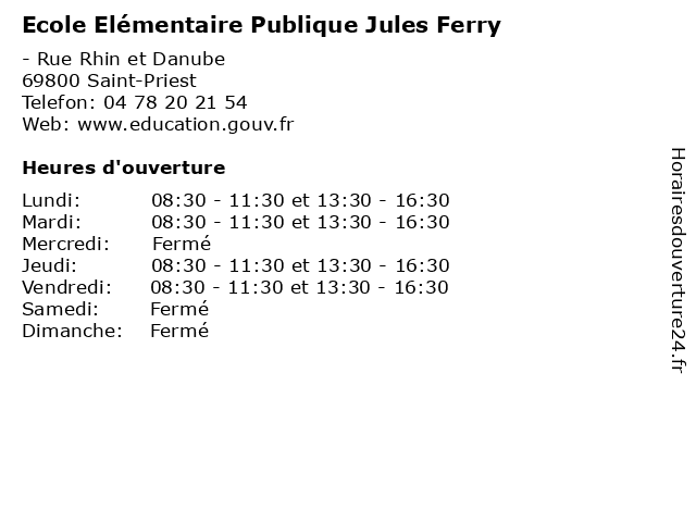 Ecole Elémentaire Publique Jules Ferry à Saint-Priest: adresse et heures d'ouverture