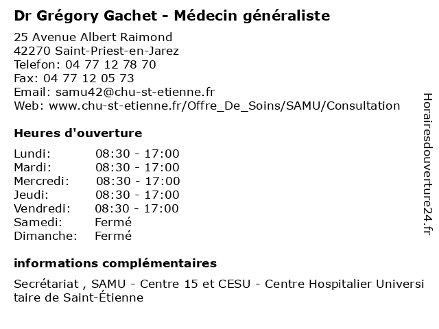 Dr Grégory Gachet - Médecin généraliste à Saint-Priest-en-Jarez: adresse et heures d'ouverture